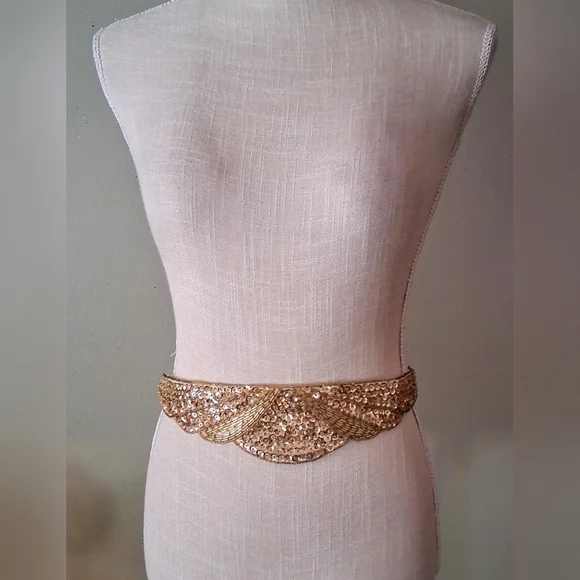 80s "Milor" Gold Sequin & Beaded Cummerbund Belt - Metallic Shades of Gold - Picture 2 of 9